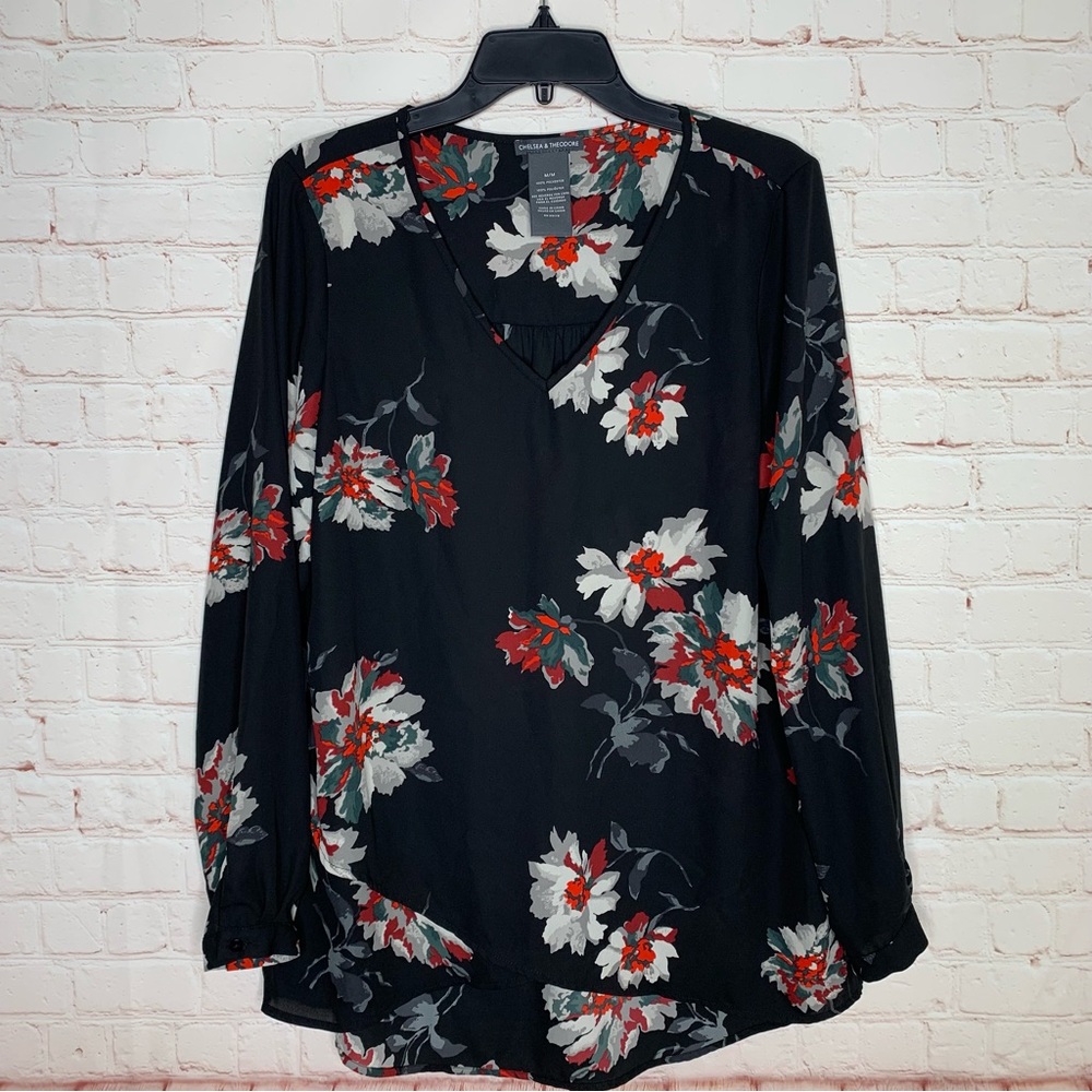 Chelsea & Theodore Black Floral V-Neck Blouse with Red & White Flowers